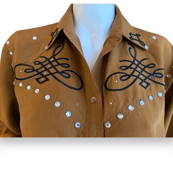 WANTED BY BEADS SILK COWGIRL BUTTON DOWN COOPER RHINESTONE  BLOUSE WOMEN S/M - Picture 5 of 9